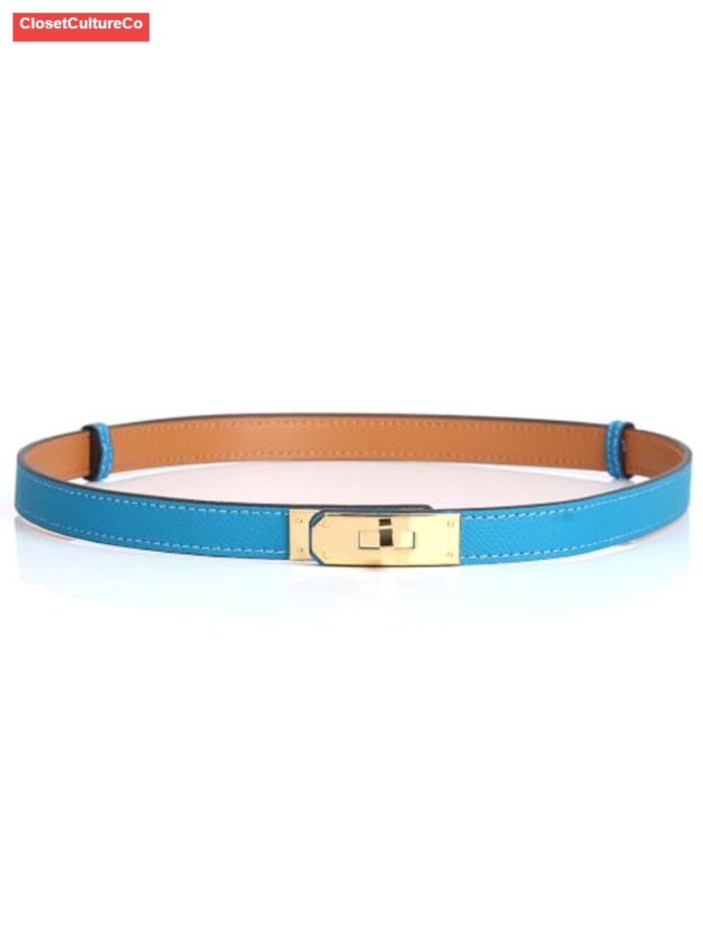 Skinny Italian Epsom Cowhide Leather Belt with Alloy Turn Lock Adjustable